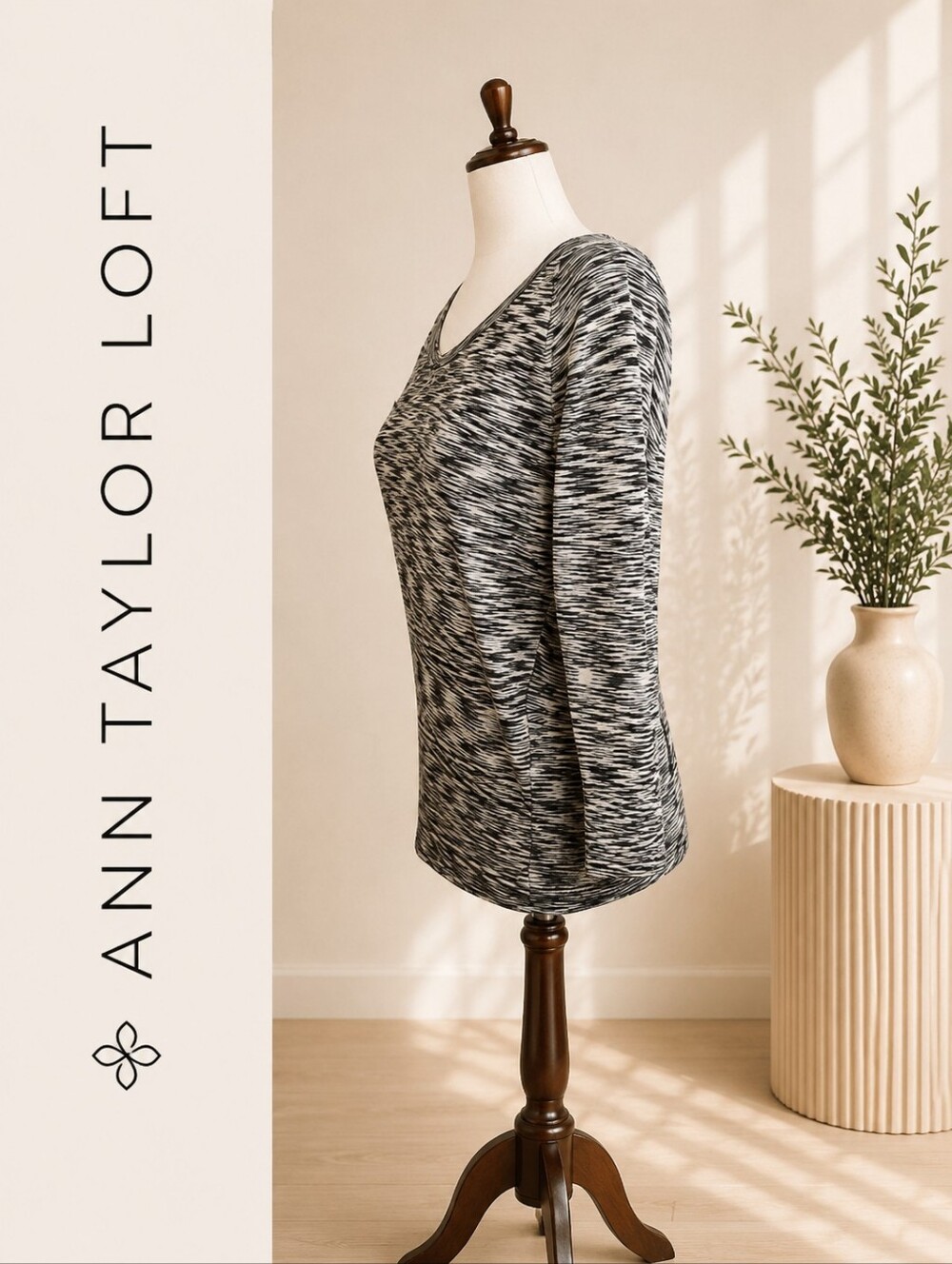 Ann Taylor LOFT Marled Knit Long Sleeve Top – Gray/Black Space Dye Size Small - Picture 2 of 2